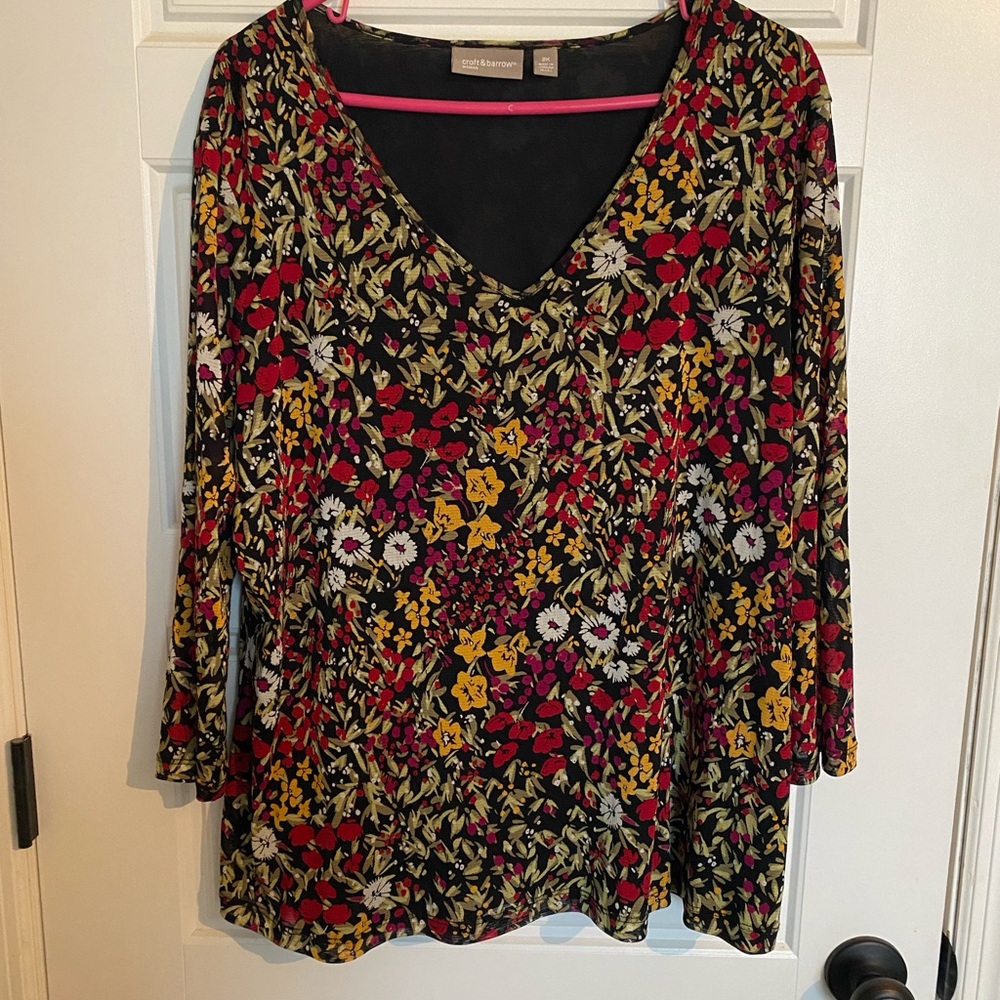 Croft & Barrow Red and Yellow 3/4 Sleeve Relaxed Blouse